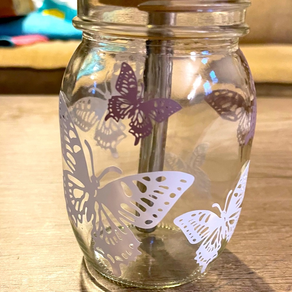 Custom made 16oz butterfly glass mason jar.